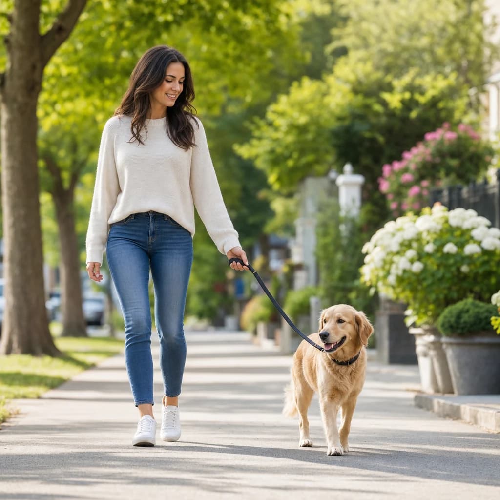 Woman walking a golden retriever on a loose leash along a sunny tree-lined sidewalk